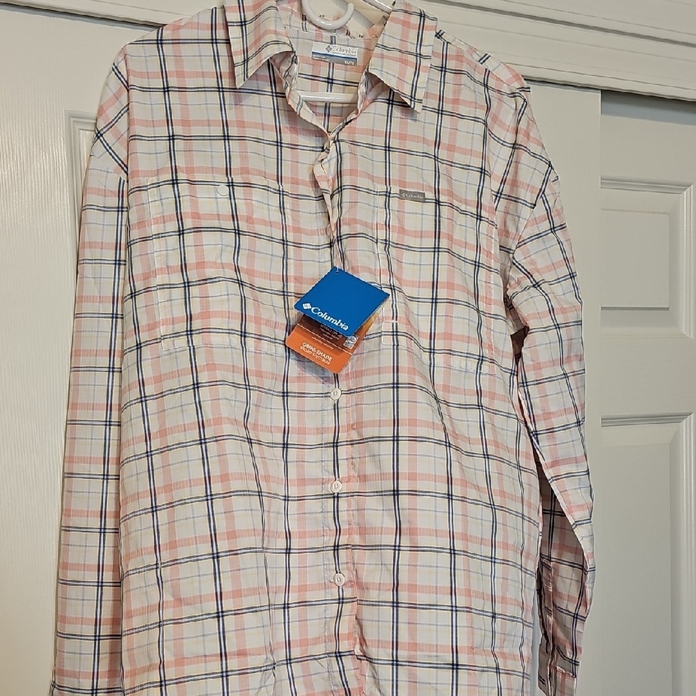 Columbia Women's Casual Pink and Blue Plaid Shirt